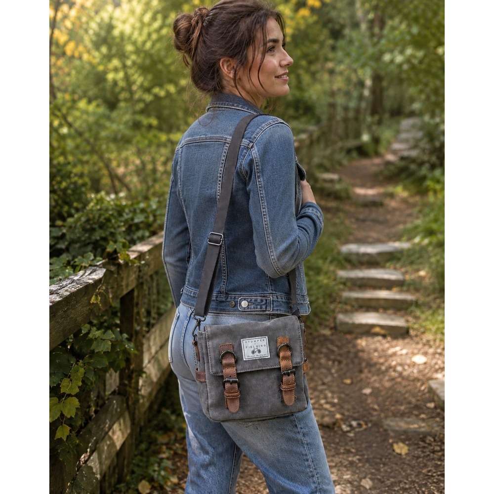 Stumper & Fielding Buckley Crossbody Bag Grey Canvas Leather British Heritage